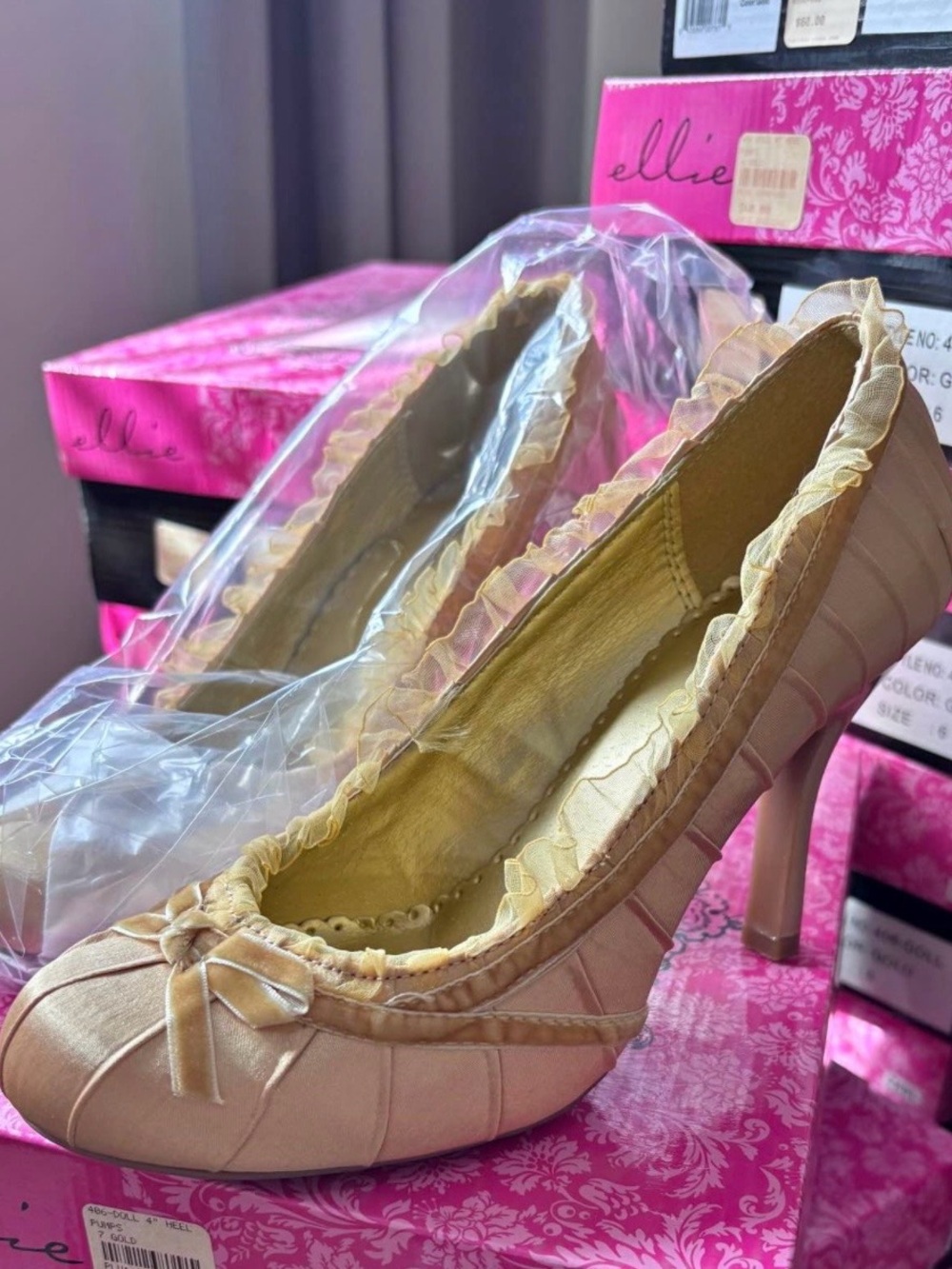 Ellie Gold Satin Doll-Style High Heels with Bow